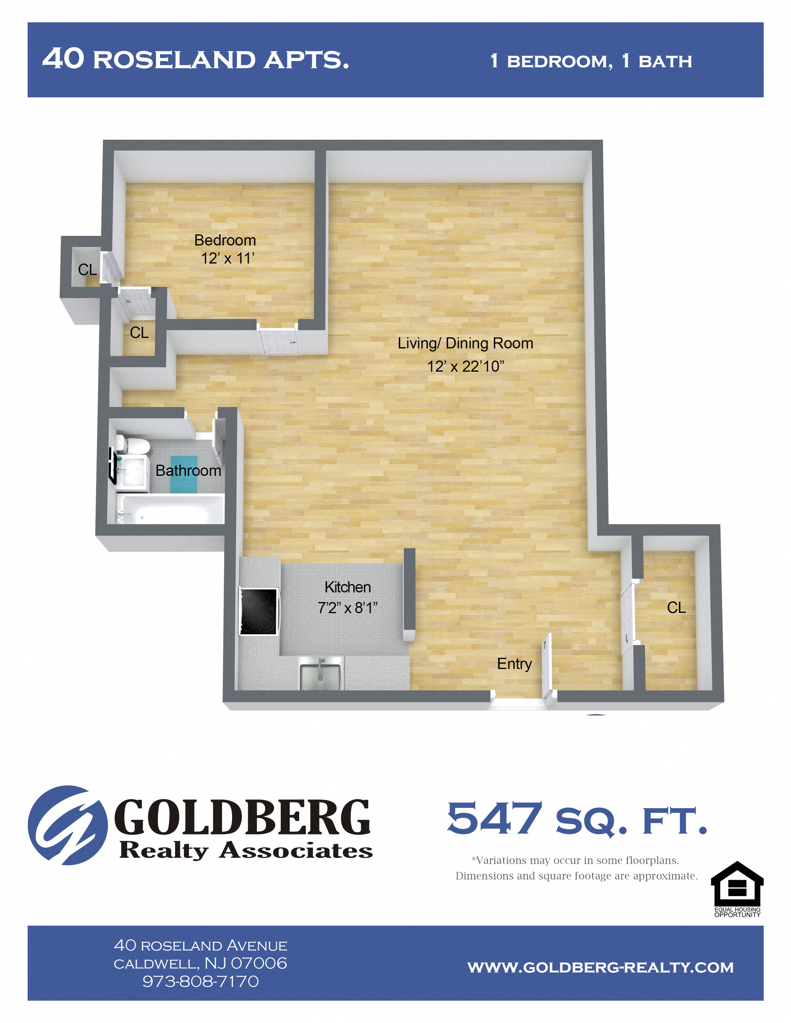 Floor plan for 1 bed, 1 bath, 547 sqft